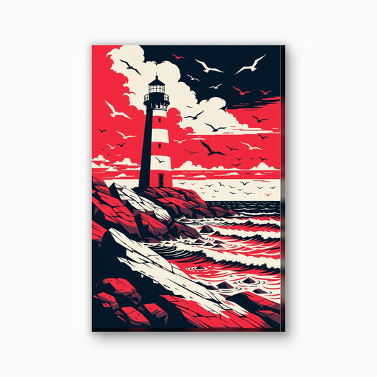 Vuurtoren en reddingsboei canvas schilderij in marineblauw en rood