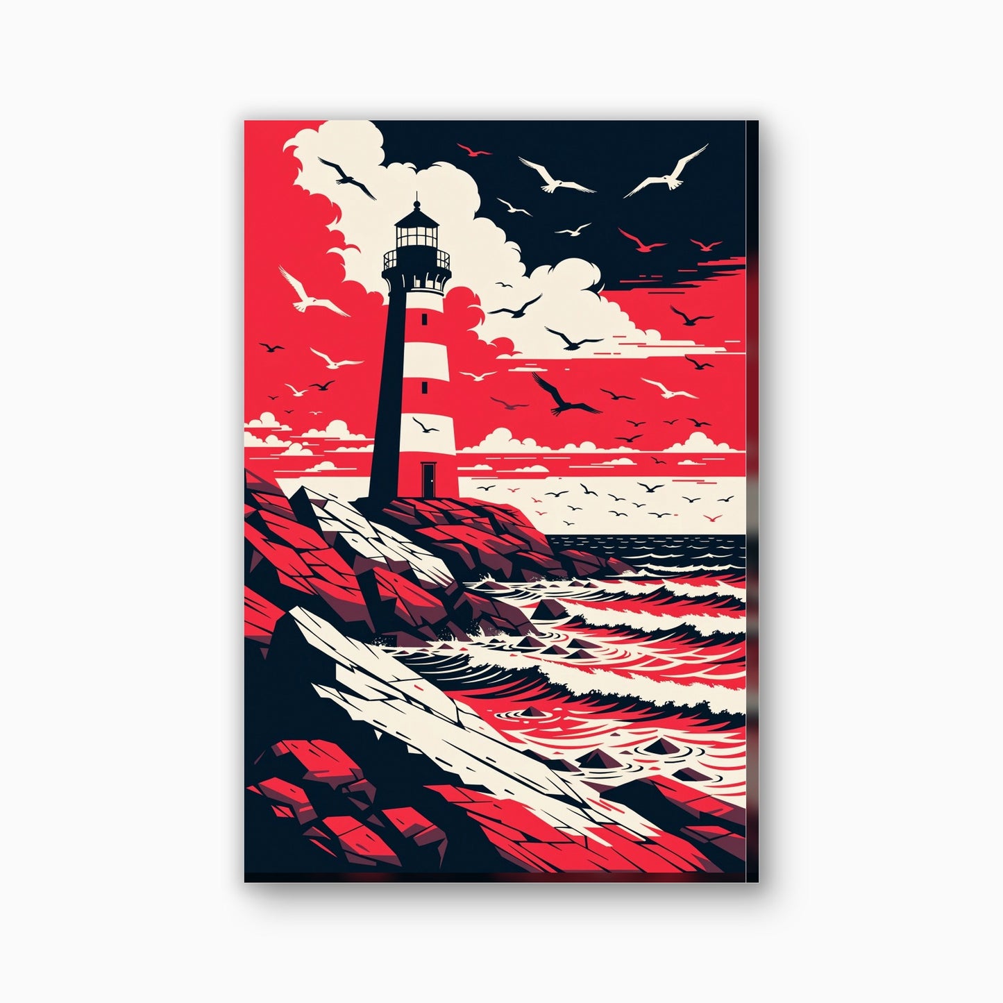 Vuurtoren en reddingsboei canvas schilderij in marineblauw en rood