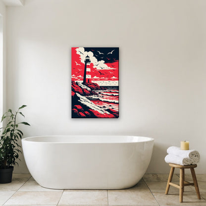 Vuurtoren en reddingsboei canvas schilderij aan de muur in de badkamer boven het bad