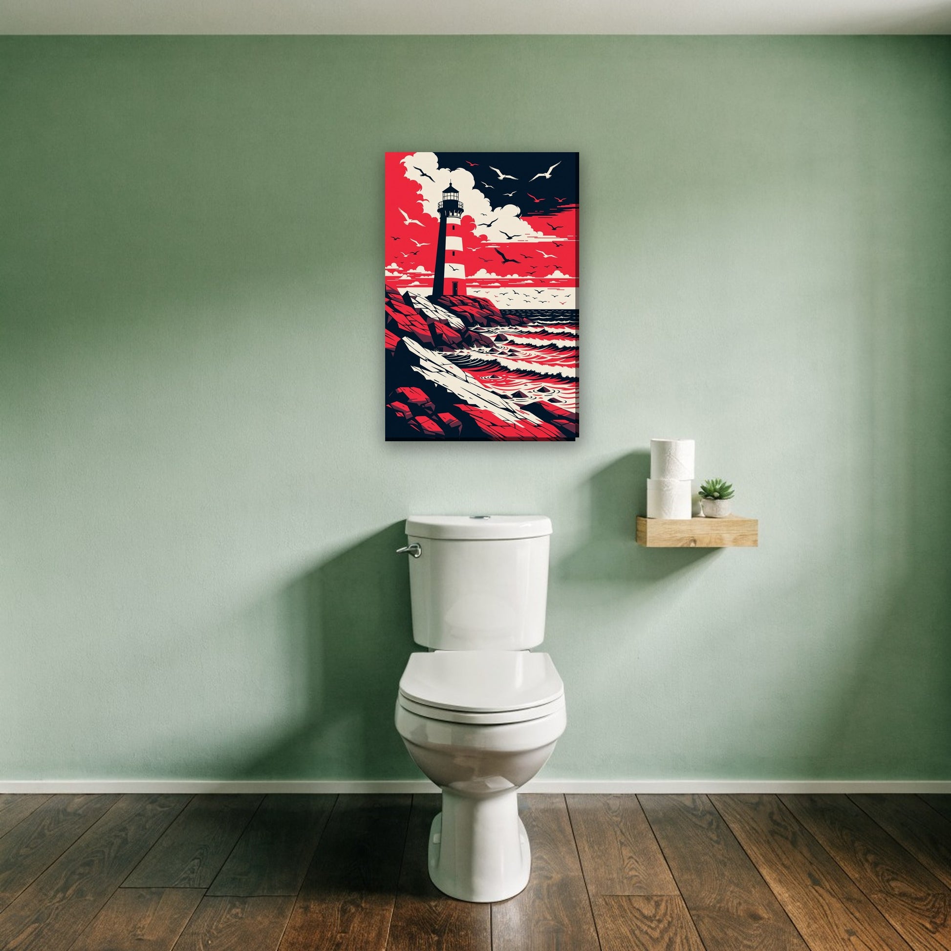 Vuurtoren en reddingsboei canvas schilderij aan de muur boven het toilet