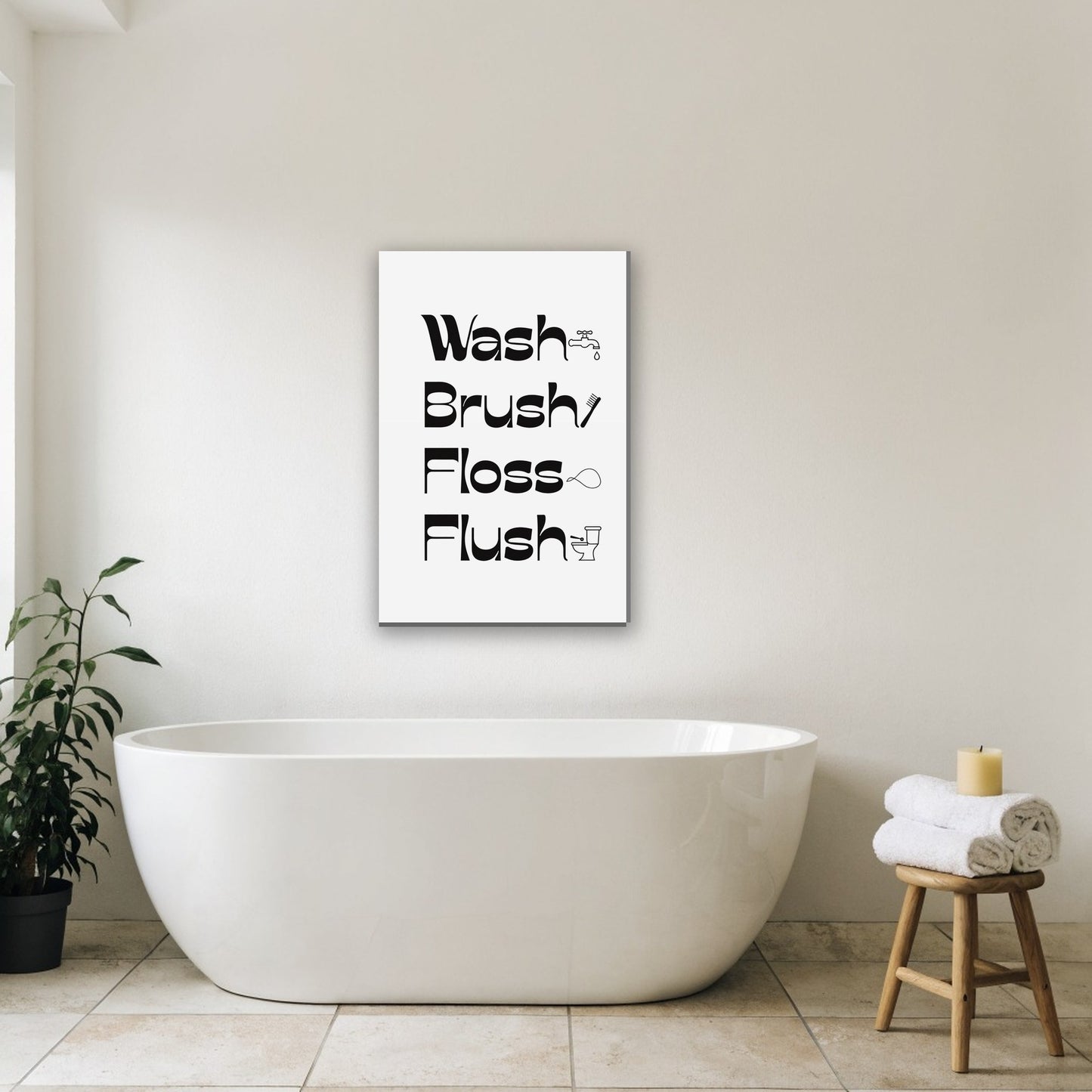 Wash Brush Floss Flush tekst canvas schilderij aan de muur in de badkamer boven het bad