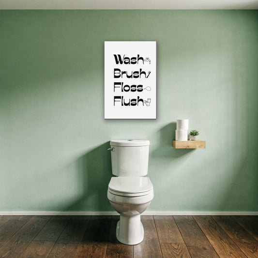 Wash Brush Floss Flush tekst canvas schilderij aan de muur boven het toilet