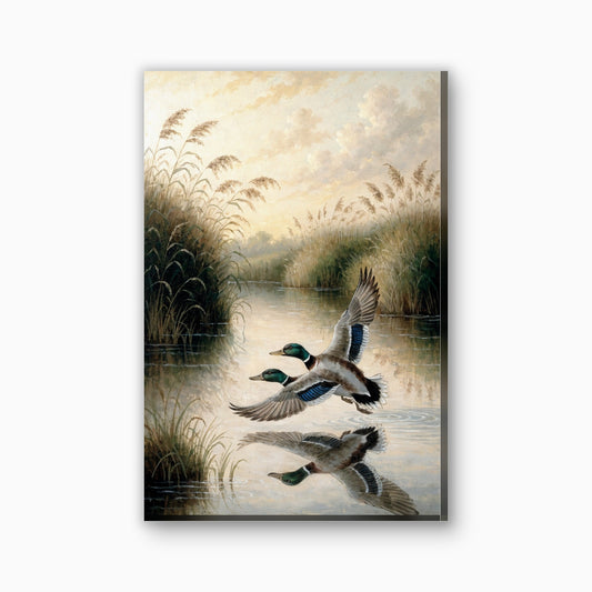 Wilde eenden boven de plas canvas schilderij in groenblauw en goud