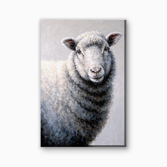Wollig schaap portret canvas schilderij in grijs en creme
