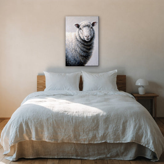 Wollig schaap portret canvas schilderij aan de muur boven het bed in de slaapkamer