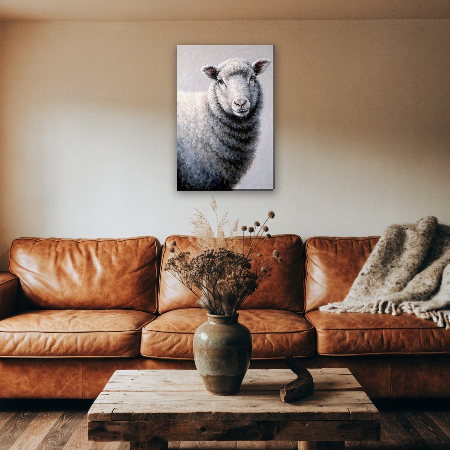 Wollig schaap portret canvas schilderij aan de muur boven de bank in een landelijke woonkamer