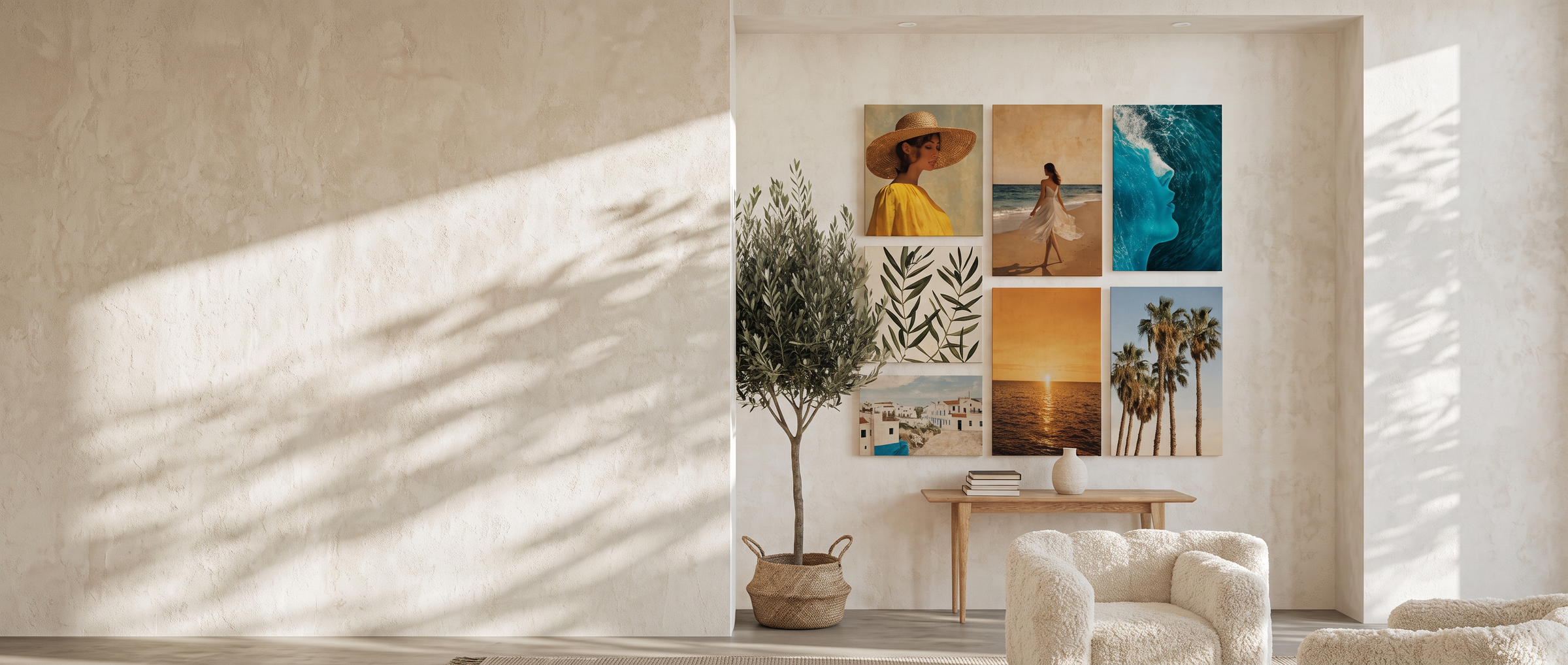 Galeriewand met canvas schilderijen in warm interieur