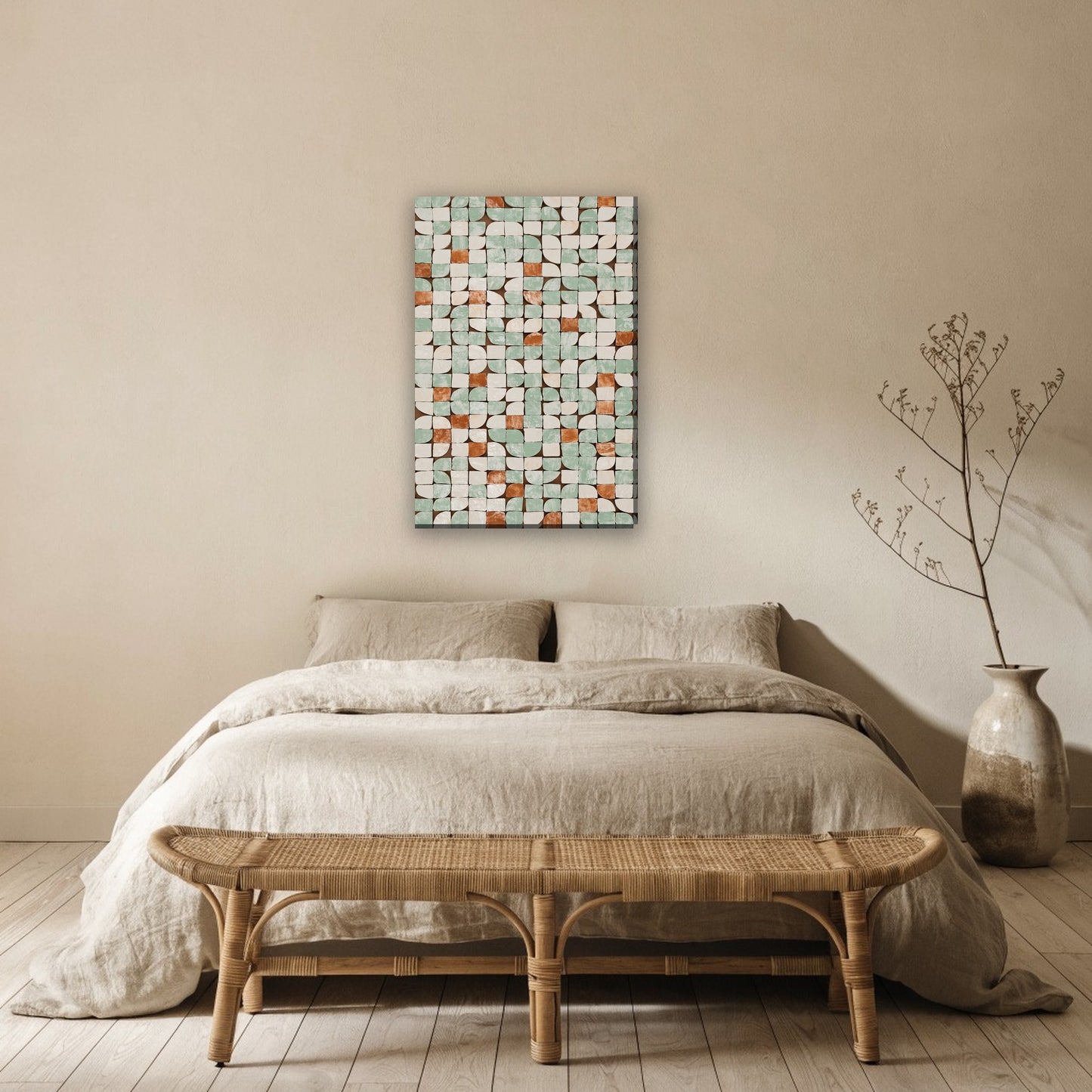 Zellige tegelpatroon canvas schilderij aan de muur boven het bed in de slaapkamer