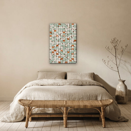 Zellige tegelpatroon canvas schilderij aan de muur boven het bed in de slaapkamer