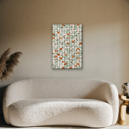 Zellige tegelpatroon canvas schilderij aan de muur boven de bank in de woonkamer
