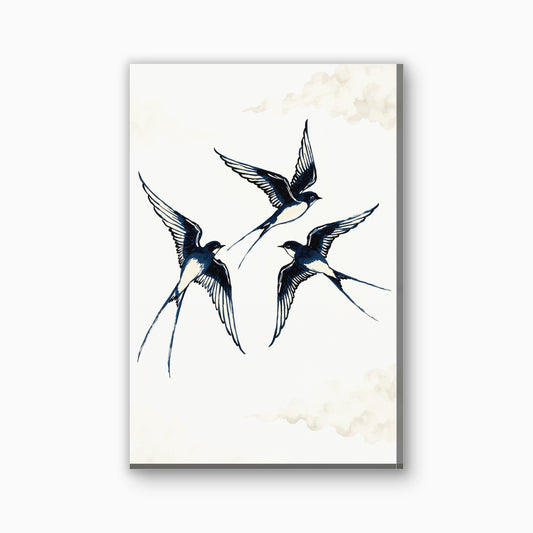 Zwaluwen in vlucht canvas schilderij in blauwzwart en creme