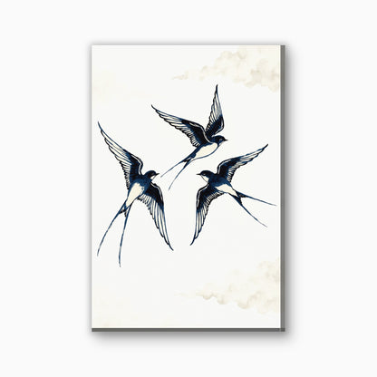 Zwaluwen in vlucht canvas schilderij in blauwzwart en creme