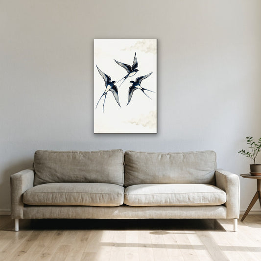 Zwaluwen in vlucht canvas schilderij aan de muur boven de bank in de woonkamer