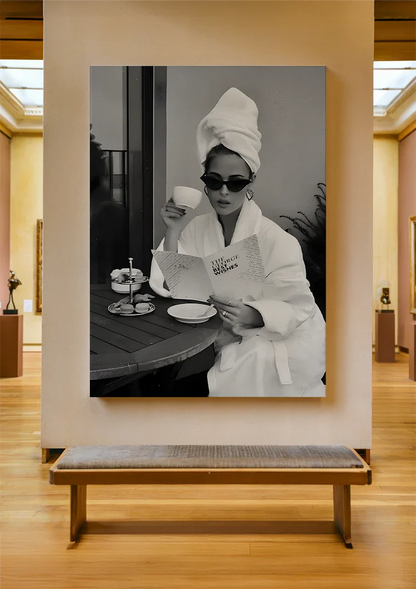Elegant Woman Bathrobe Sunglasses Coffee Black White Glamour Painting