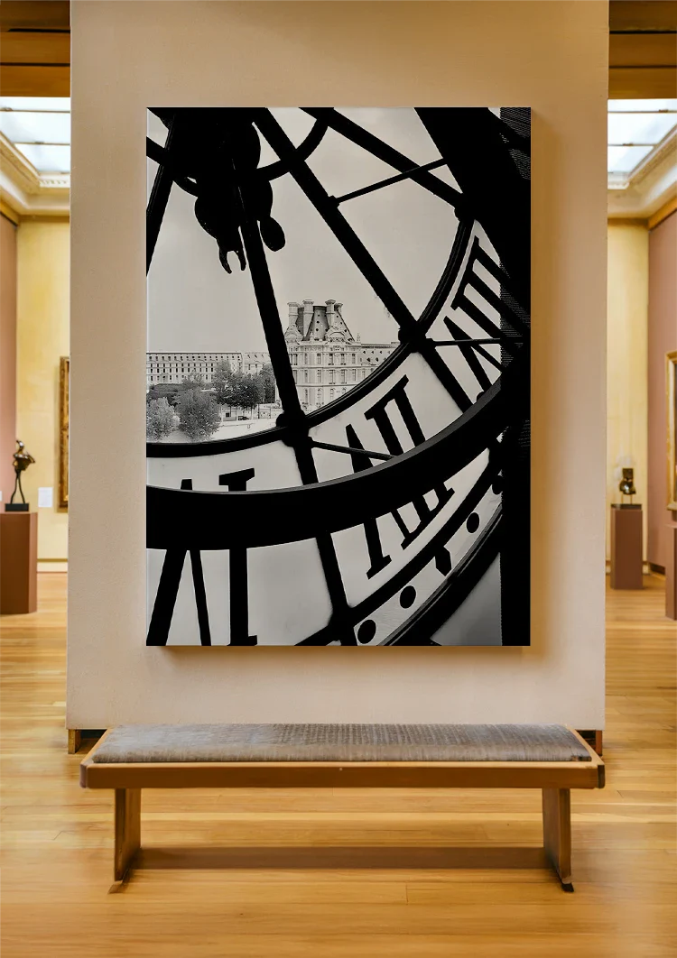 Clock Dial City View Paris Black and White Photography Painting