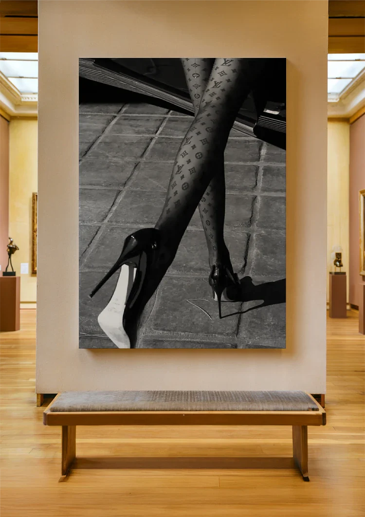 Vrouwelijke Benen Netkousen Hoge Hakken Mode Zwart Wit Schilderij