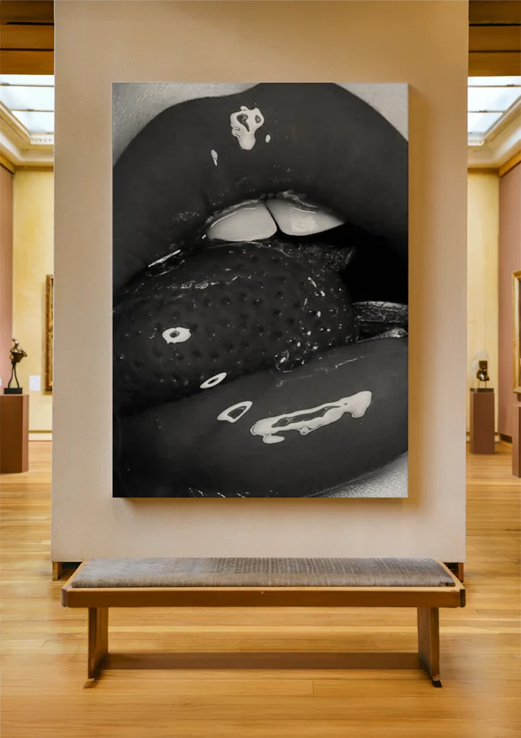 Glanzende Lippen Aardbei Zwart Wit Close Up Portret Schilderij