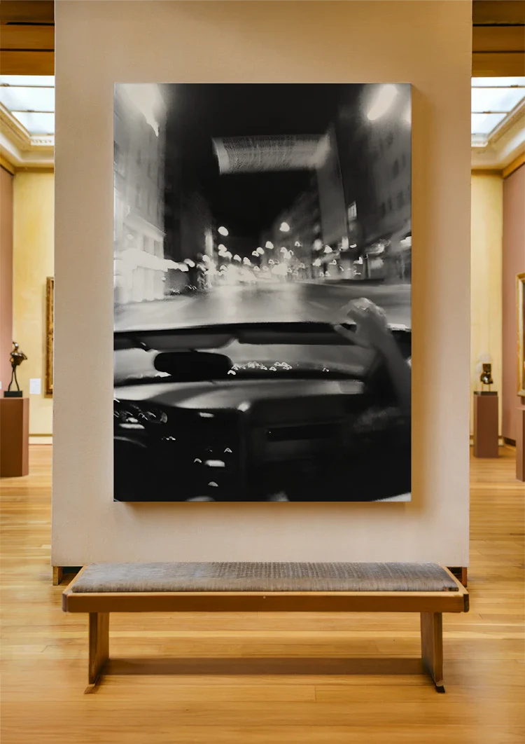 Aussicht Fahrendes Auto Nacht Straße Schwarz-Weiß-Fotografie Gemälde