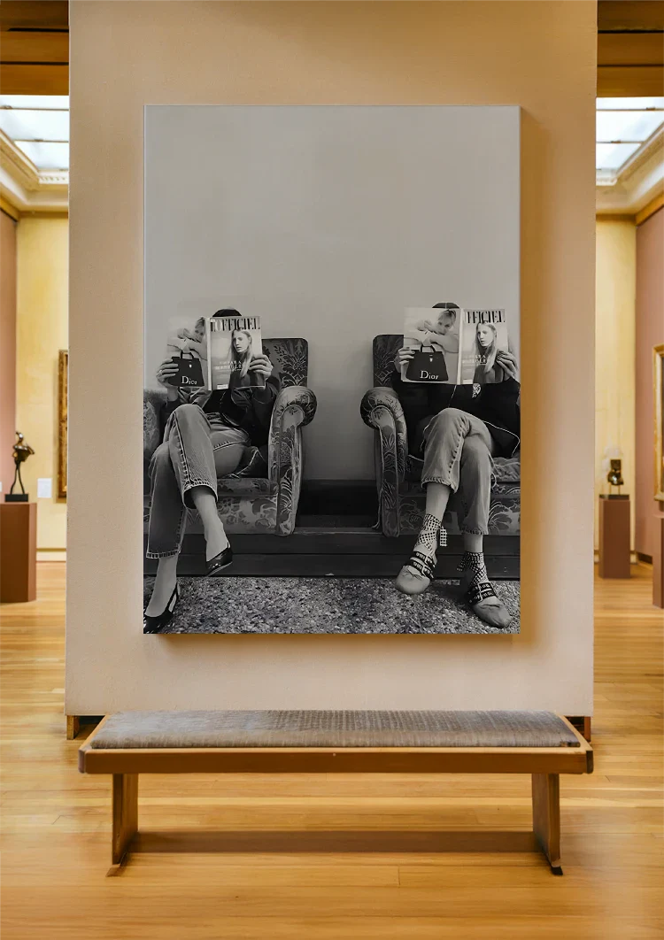Two Women Armchairs Fashion Magazines Black White Waiting Room Painting