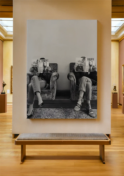 Two Women Armchairs Fashion Magazines Black White Waiting Room Painting