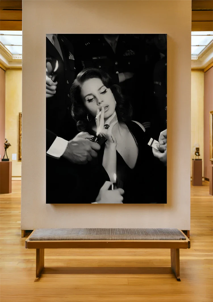 Glamouröse Frau Schwarz Weiß Zigarette Film Noir Hollywood Stil Gemälde