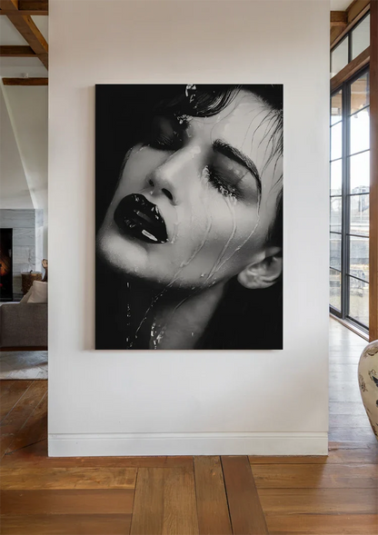 Female Portrait Wet Hair Water Droplets Black White Dramatic Painting