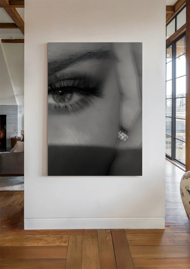 Woman's Eye Close-up Long Lashes Makeup Black and White Portrait Painting
