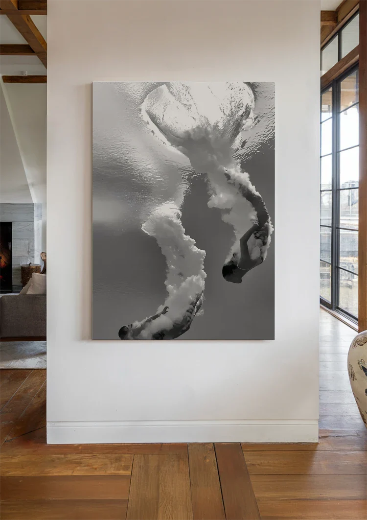 Zwei tauchende Frauen schwarz-weiß Unterwasserfotografie Gemälde