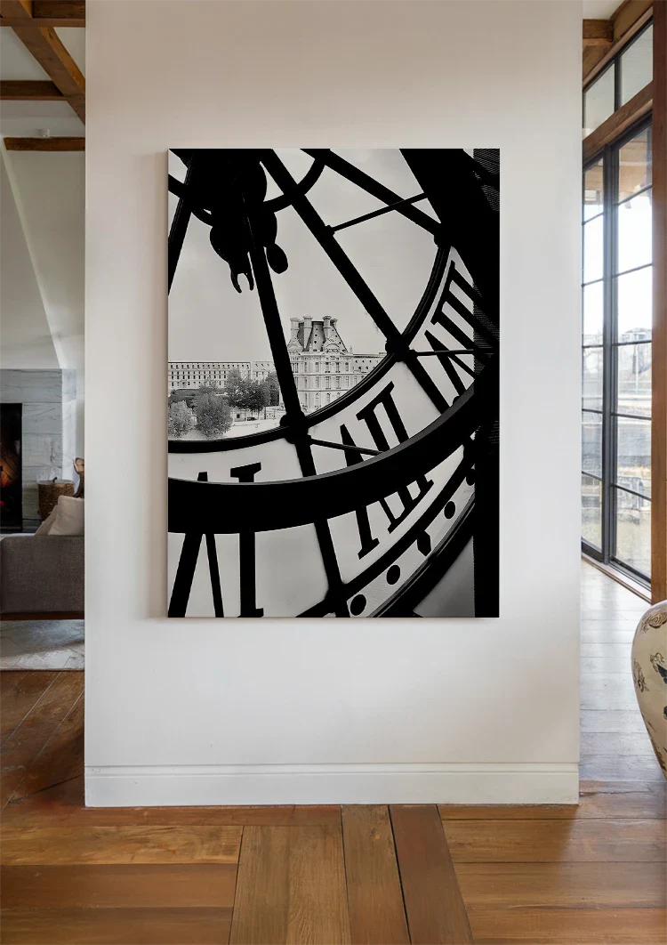 Clock Dial City View Paris Black and White Photography Painting