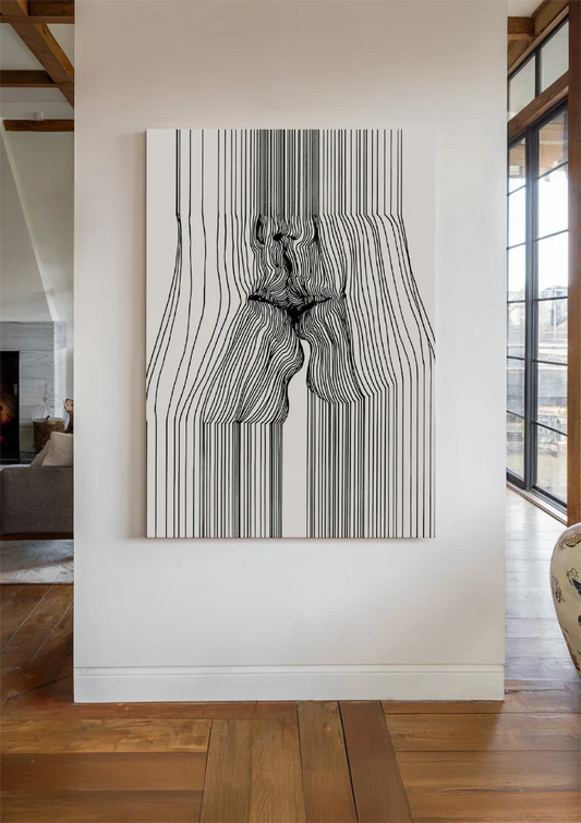 Vrouwelijk gezicht opgebouwd uit lijnen canvas schilderij boven het bed in de slaapkamer