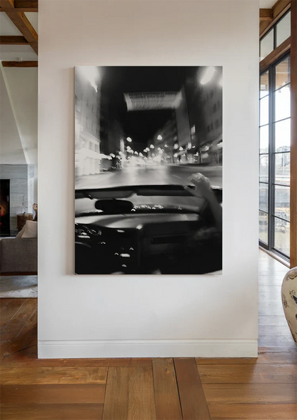 Aussicht Fahrendes Auto Nacht Straße Schwarz-Weiß-Fotografie Gemälde
