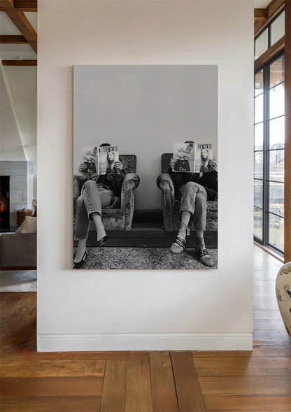 Two Women Armchairs Fashion Magazines Black White Waiting Room Painting