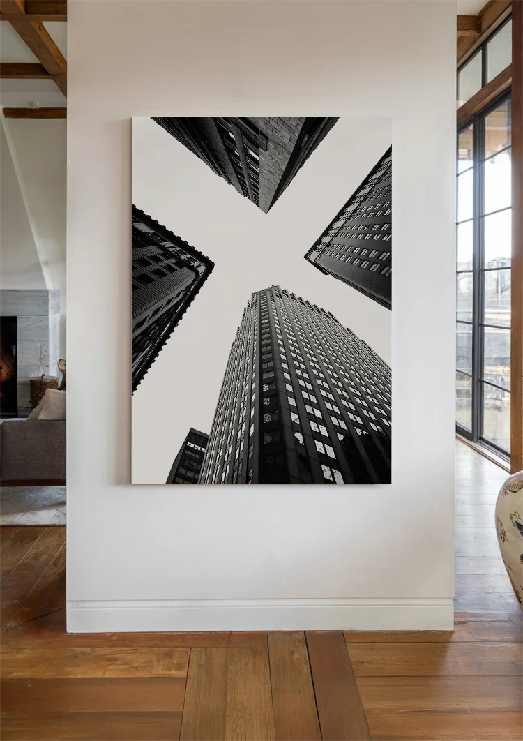 Vier Wolkenkrabbers Vogelperspectief Geometrisch Zwart Wit Fotografie Schilderij