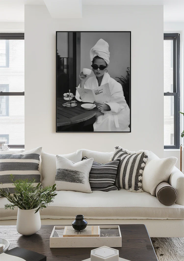 Elegant Woman Bathrobe Sunglasses Coffee Black White Glamour Painting