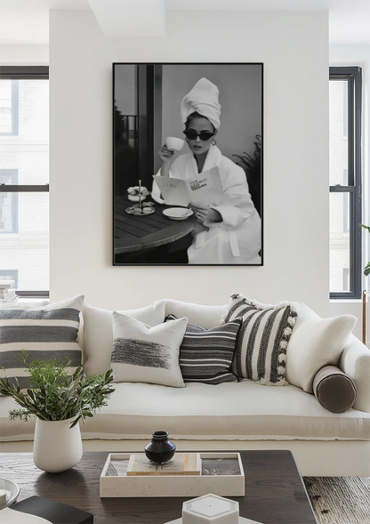 Elegant Woman Bathrobe Sunglasses Coffee Black White Glamour Painting
