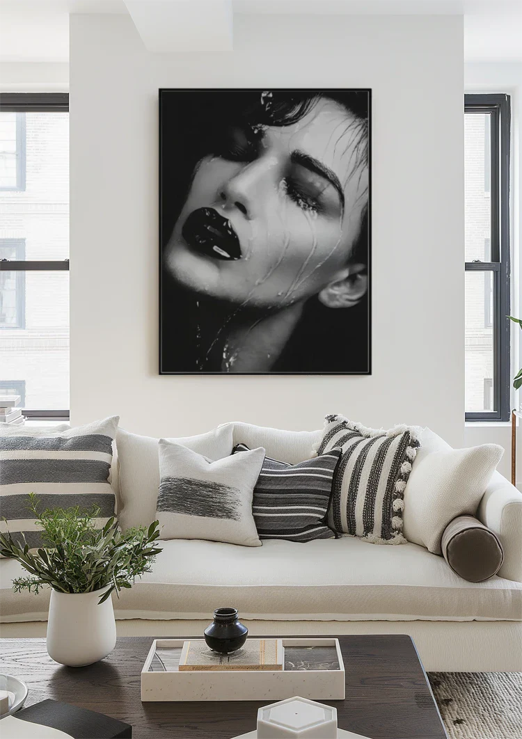 Female Portrait Wet Hair Water Droplets Black White Dramatic Painting