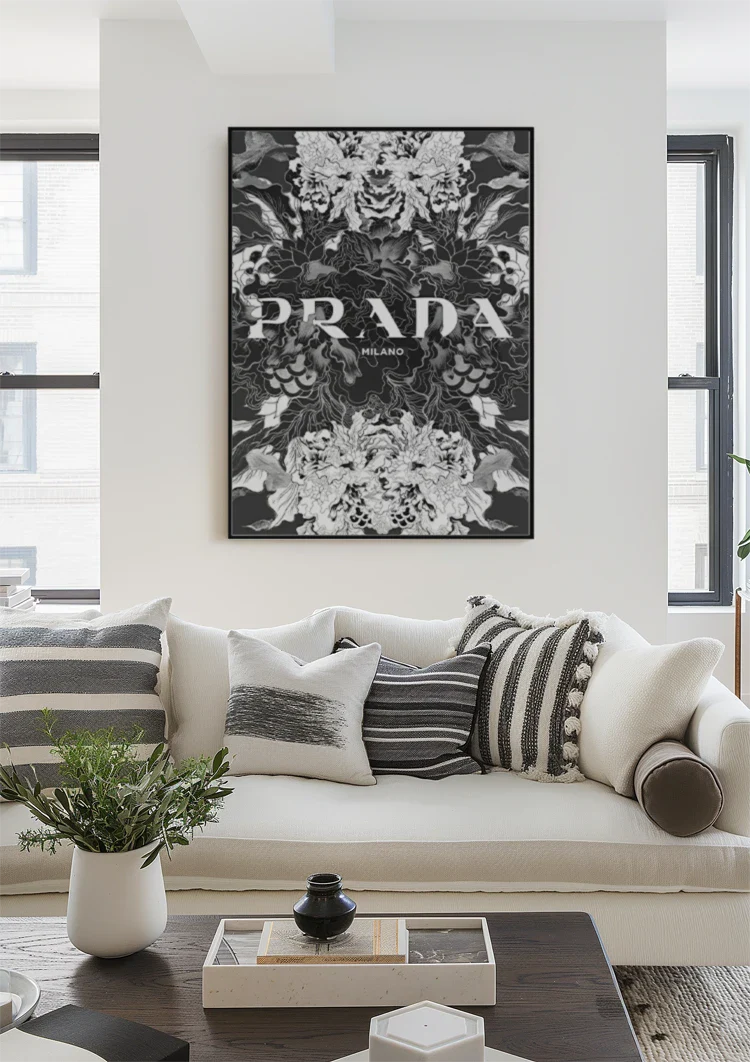 Intricaat Bloemenpatroon Zwart Wit Symmetrisch Botanisch Schilderij