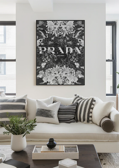 Intricaat Bloemenpatroon Zwart Wit Symmetrisch Botanisch Schilderij