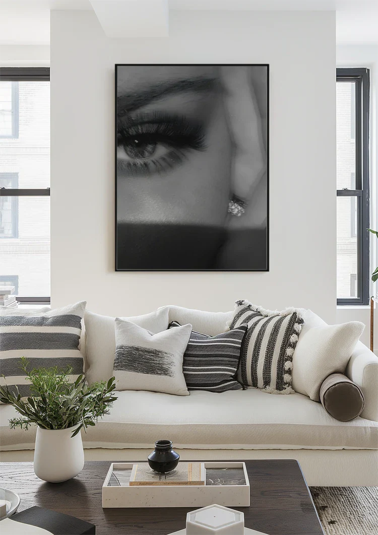 Woman's Eye Close-up Long Lashes Makeup Black and White Portrait Painting