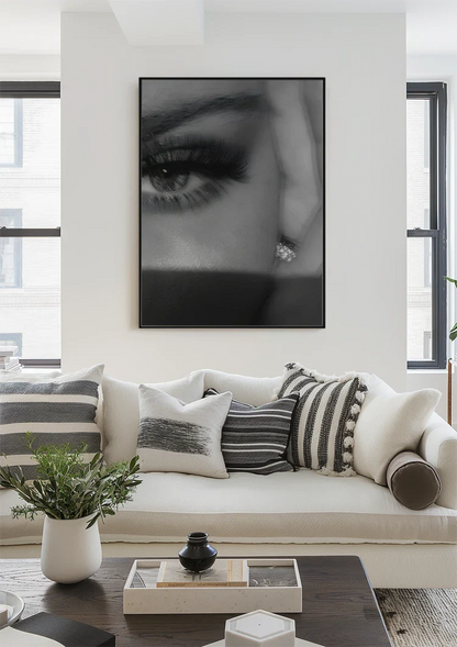 Woman's Eye Close-up Long Lashes Makeup Black and White Portrait Painting