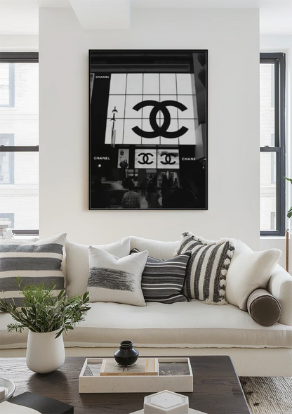 Illuminated Display Large Logo Evening Scene Black and White City Photography Painting