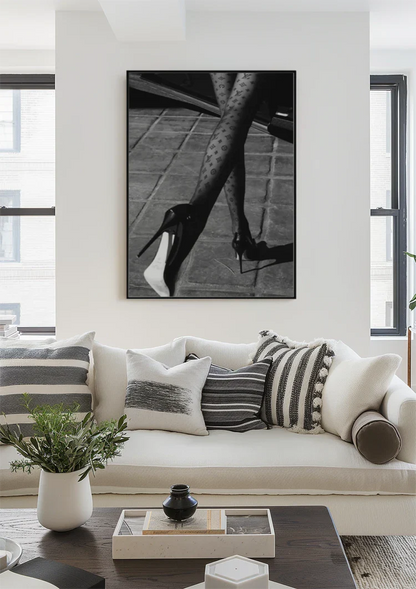 Vrouwelijke Benen Netkousen Hoge Hakken Mode Zwart Wit Schilderij