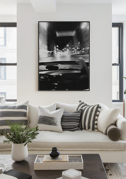 Aussicht Fahrendes Auto Nacht Straße Schwarz-Weiß-Fotografie Gemälde