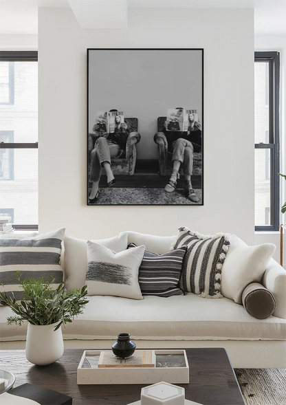 Two Women Armchairs Fashion Magazines Black White Waiting Room Painting