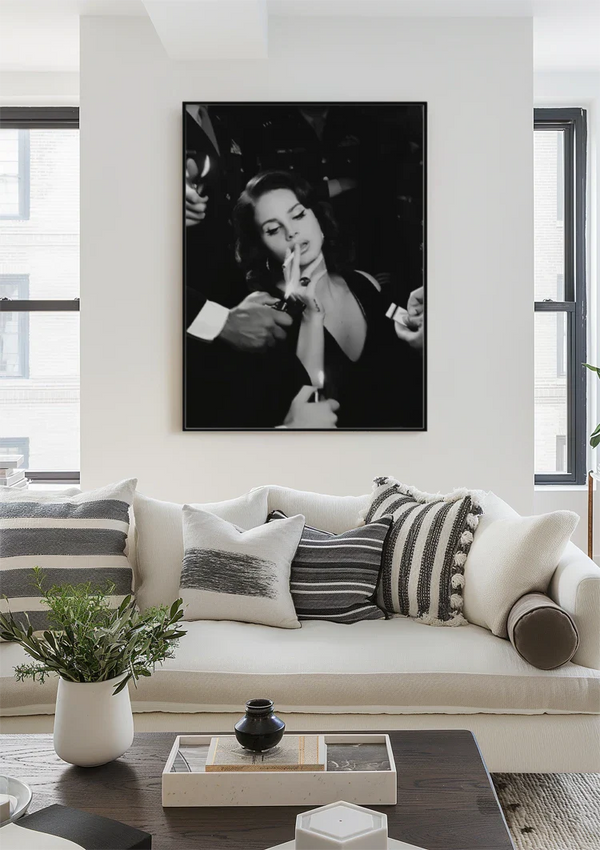 Glamouröse Frau Schwarz Weiß Zigarette Film Noir Hollywood Stil Gemälde