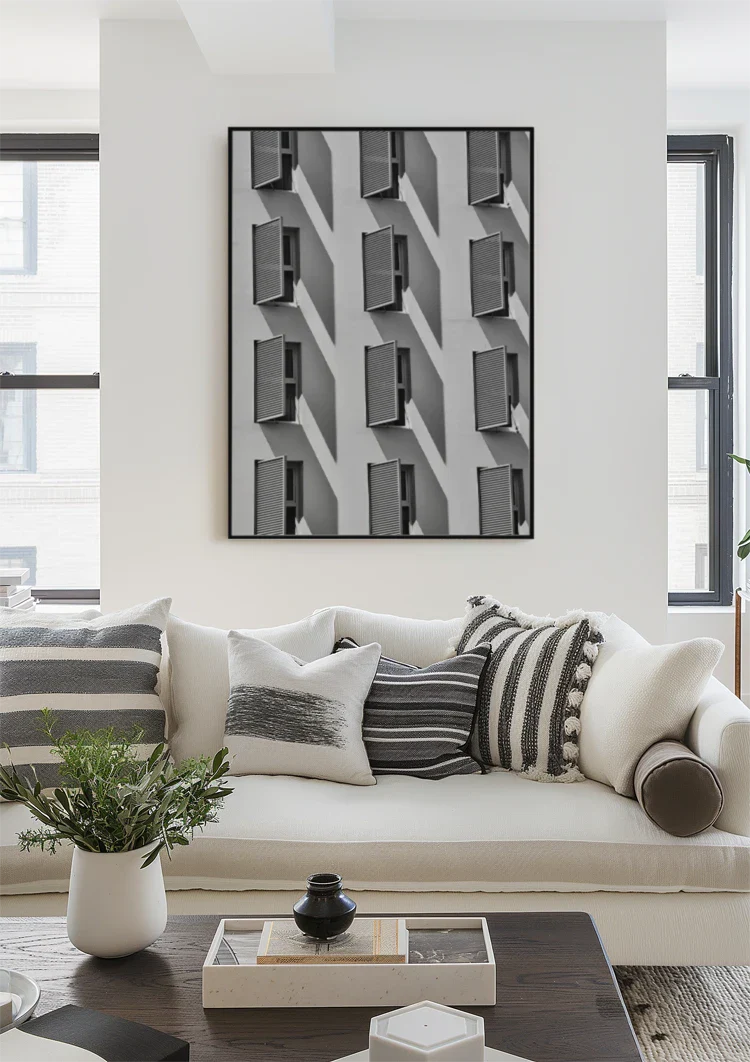 Gebäudefassade Fenster Geometrisches Muster Architektur Schwarz-Weiß-Fotografie Gemälde