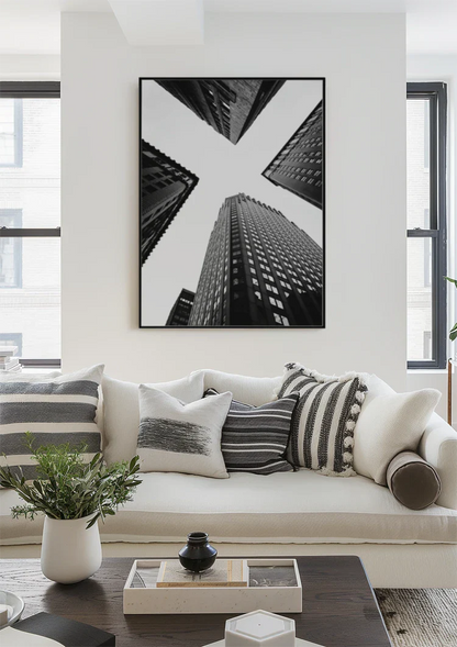 Vier Wolkenkrabbers Vogelperspectief Geometrisch Zwart Wit Fotografie Schilderij