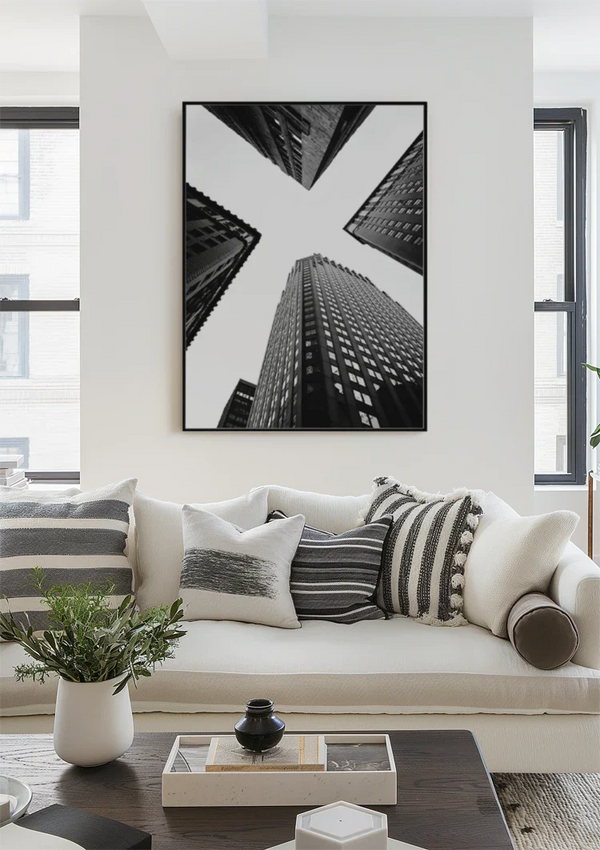 Vier Wolkenkrabbers Vogelperspectief Geometrisch Zwart Wit Fotografie Schilderij
