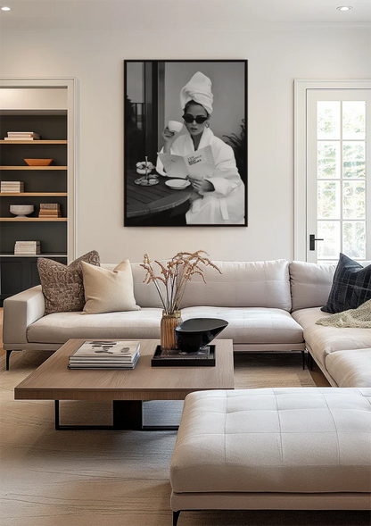 Elegant Woman Bathrobe Sunglasses Coffee Black White Glamour Painting