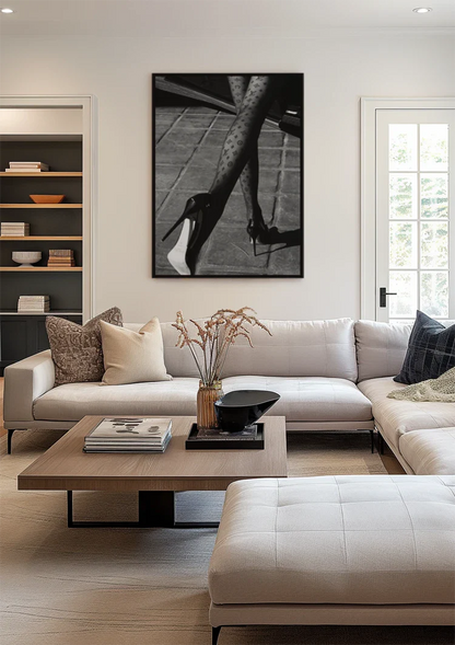 Vrouwelijke Benen Netkousen Hoge Hakken Mode Zwart Wit Schilderij